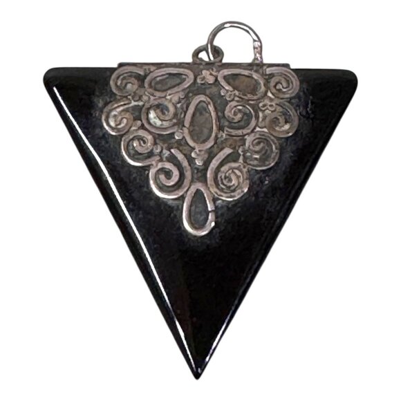 Sterling Silver & Onyx Triangle Pendant Intricate Scrollwork Design Art Deco - Picture 1 of 6